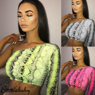 

UK Sexy Women Snake Print T-shirt Crop Tops One Shoulder Ladies Blouse Shirt Top