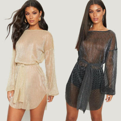 

US Sexy Dress for Women Short Mesh Dress Sheer Gown See Through Irregular Skirt
