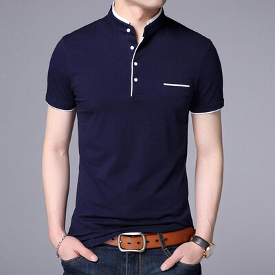 

Spot cotton mens stand collar short-sleeved T-shirt large size Slim casual mens temperament short T-shirt 7122 Light
