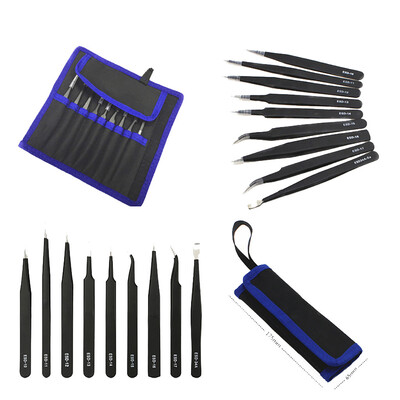 

〖Follure〗9 Pcs Precision ESD Anti-Static Repair Stainless Steel Tweezers Set Kit Tools