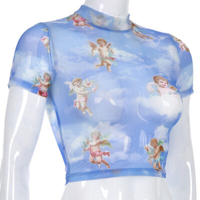 

Angel Printed T-Shirt Sexy Shirt Sleeve Collar Navel tshirt Dew Mesh Short Slim Top Half-High Crop