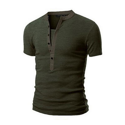 

Fashion Breathable Slim Elastic Splicing Multi-Button Round Neck Short Sleeve Mens T-Shirt Tee Top