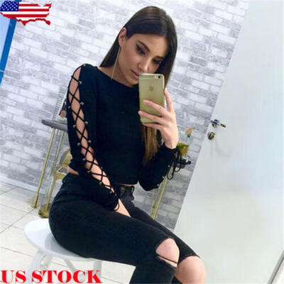 

Fashion Women Hollow Out Long Sleeve Shirt Blouse Slim Crop Top Shirt Clubwear