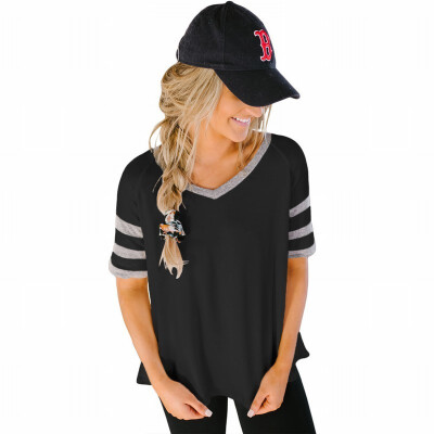 

Sweatshirt Campus Baseball womens T-Shirt V-neck Short Sleeve Striped Top