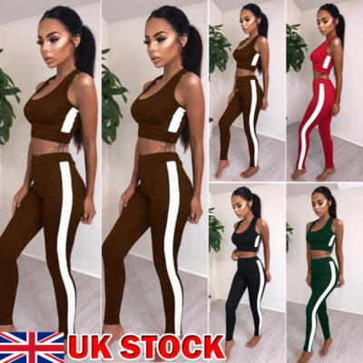 

UK Womens 2PCS Tracksuits Set Summer Sport Loungewear Tops Pant Suit Size 6-22