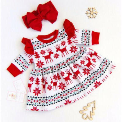 

US Christmas Kid Baby Girl Clothes Deer Fly Sleeve Princess Party Dress 2PCS Set