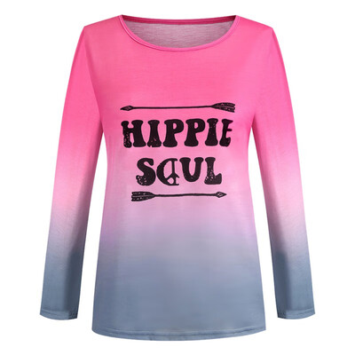 

Women Loose Round Collar Summer Rainbow Casual Gradient Letter Print Loose Long Sleeve Casual Simple Wild T-Shirt