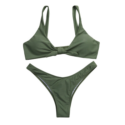 

Roseonmyhand Women Knotted Padded Thong Bikini Mid Waisted Scoop Swimsuit Beach Swimwear