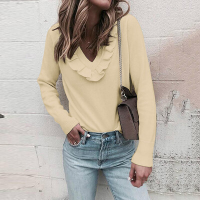 

Tailored Womens Fashion V-neck Long Sleeve Pure Leaf Collar Top Blouse