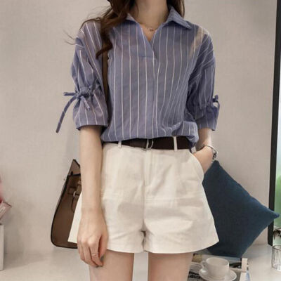 

Lace-up V-Neck Striped Butterfly Half Sleeves T-Shirts Women Casual Cotton&Chiffon Tops Shirts