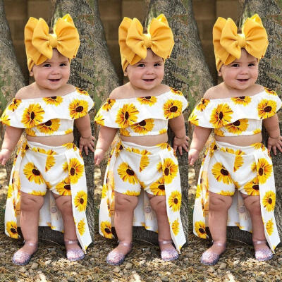 

3PCS Toddler Kids Baby Girl Sunflower Crop Tops Shorts Dress Outfits Clothes Summer