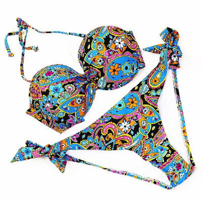 

Women Bohemian Style Two Piece Bikini with Flower Print Fine Suspender Printed Bathing Suit