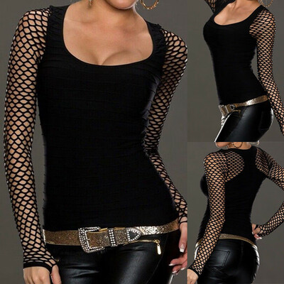 

Starmoon Women Slim Low Cut Long Sleeve Blouse Net Tops Punk Rock Gothic Fishnet Shirt