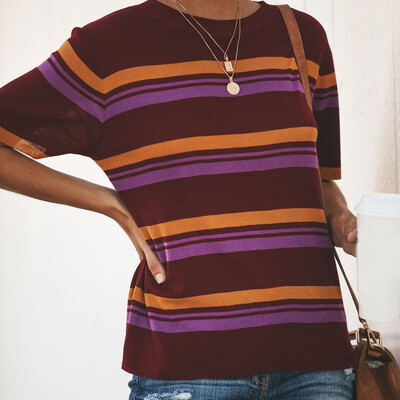 

Nomeni Fashion Women Casual Short Sleeve Striped O-Neck Loose T-Shirt Tops Blouse