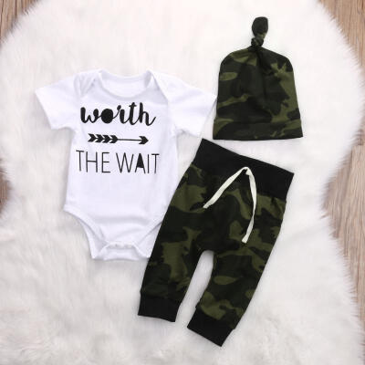 

The Wait Army Green Cotton 3Pcs Romper Infant Baby Girl Boy Jumpsuit T-Shirt Long PantsHat Outfits