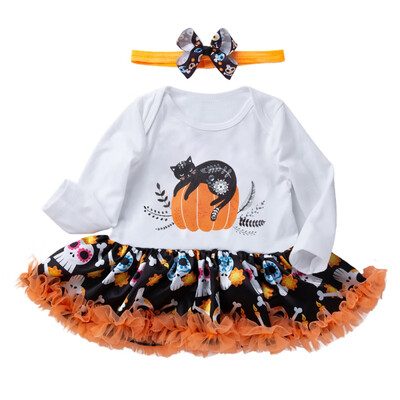 

Autumn Style Fashion Baby Girls Halloween Ice Cream Printed Long Sleeves Romper Dress Headband Two Pieces Sets