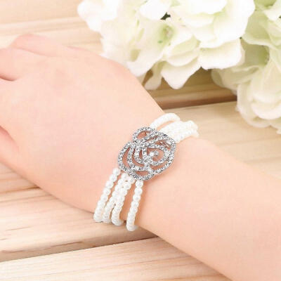 

Elegant 4 Layer Crystal Rose Flower Simulated-Pearl Bracelet fashion Stylish