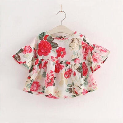 

Lovely Baby Kids Girls Floral Flouncing Cotton Shirt Tops Blouses T-shirt 1-6Y