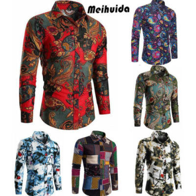 

Fashion Mens Slim Fit Floral Shirt Long Sleeve Cotton Dress Shirts Casual Tops