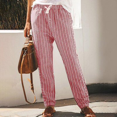 

Women Long Pants Casual Style High Waist Trouser Stripe Pocket Loose Pants