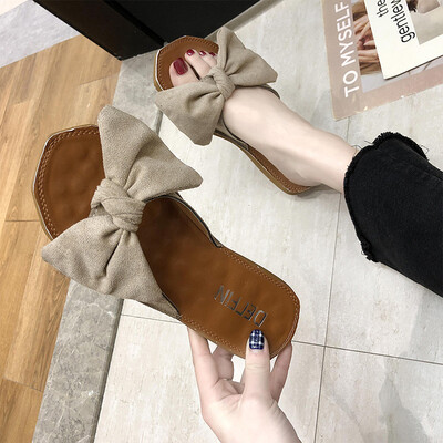

Shoe Womans Summer Korean Version Butterfly Knot Flat Bottom Society Outside Wearing Cold Slippers Chic Slippers