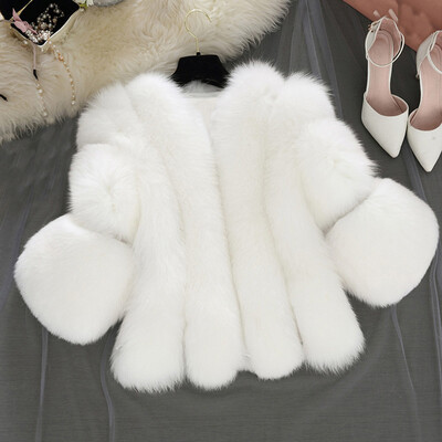 

Roseonmyhand Women Fashion Solid Jackets Fur Short Stitching Faux Fur Coat