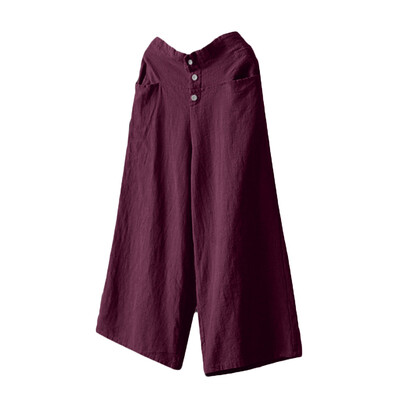 

Womens Casual Solid Wide Leg Cropped Pants Cotton Linen Mid Waist Long Trousers
