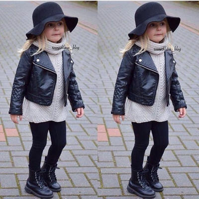 

Fashion Kids Girls Motorcycle Biker Short Jacket Lapel PU Leather Coat Outerwear