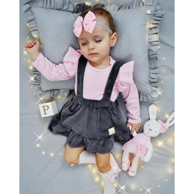 

UK 2Pcs Kids Baby Girl Tops T-shirtVelvet Suspender Skirt Dress Outfits Clothes