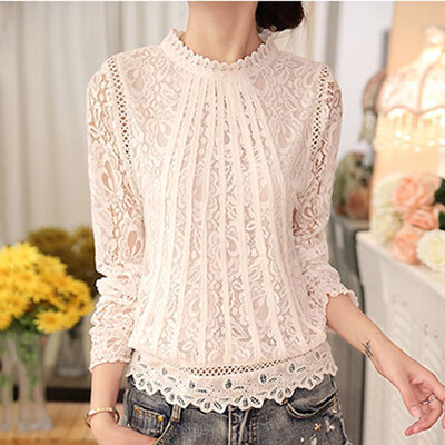 

Tailored Ladies Autumn Lace Long Sleeve T-Shirt Blouse Pullover High Neck Loose