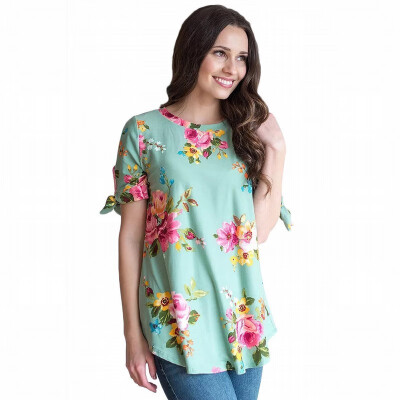 

Round neck short sleeve floral print shirt bohemian straight shirt womens