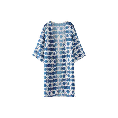 

Women Chiffon Beach Cover Ups Print Split Hem Open Front Three Quarter Sleeves Bikini Cover Kimono Beachwear Blue
