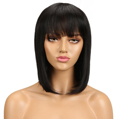 

Noble Blue Straight Human Hair Wigs With Bangs Brazilian Remy Hair Human Hair Wig Perruque Cheveux Humain Cheap Free Shipping