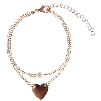 

Fashion Womens Simple Pearl Heart Bracelet Gold\Silver Double Chain Bracelet Bangle Jewelry Gift Trend