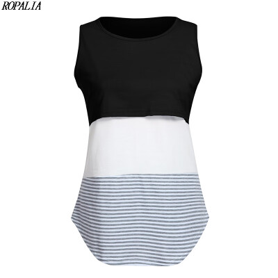 

O-Neck Contrast Color Striped Multi-Functional Mother Breast-Feeding T-Shirt Double Layered Sleeveless Contrast Color Top