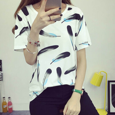 

Starmoon Women Fashion Leisure O-Neck Short Sleeve T-Shirt Feather Printing Tops Blouse