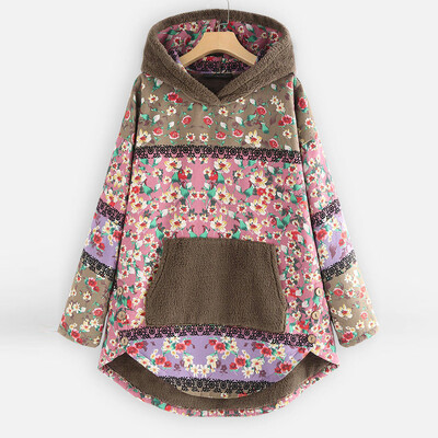 

Tailored Women Fleece Patchwork Floral Print Long Sleeve Pockets Plus Size Hoodie Top