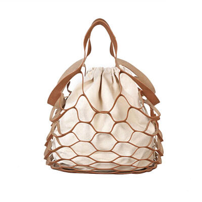

Hollow Mesh Leather Bucket Bag for Women Drawstring Beach Shoulder Handbags
