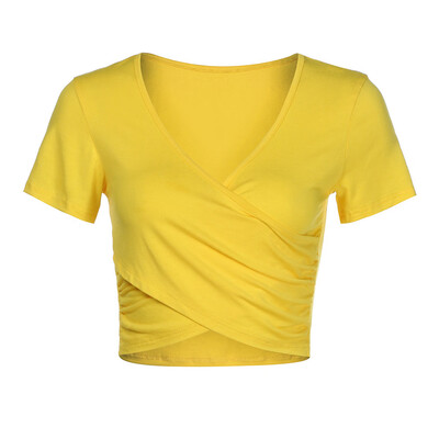

Nomeni Womens Deep V Neck Short Sleeve Cross Wrap Slim Fit Casual Crop Tops Blouse