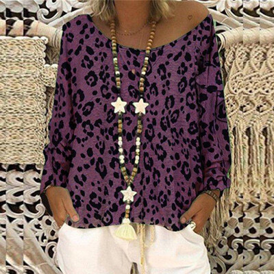 

Womens Leopard Printed Long Sleeve Blouse Baggy Long Tops T Shirts Plus Size