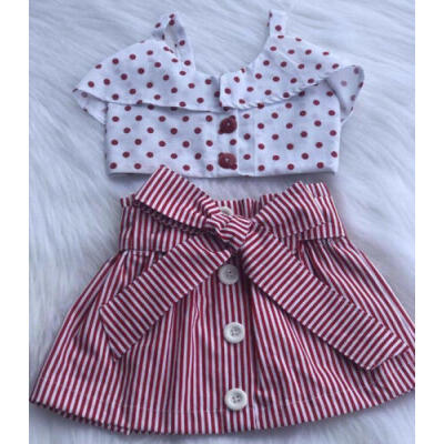 

UK Toddler Kids Baby Girls Summer Clothes Dot Tops Stripe Dress Skirts Outfits