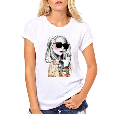 

Starmoon Women Cartoon Girl Print Round Neck Short Sleeved White T-shirt Blouse
