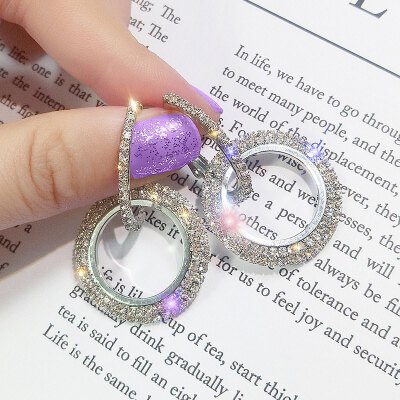 

EK154 European Brand Rhinestone Earring Fashion Big Round Bling Brincos Double Circle Hoop Earrings Elegant Women Party Jewelry