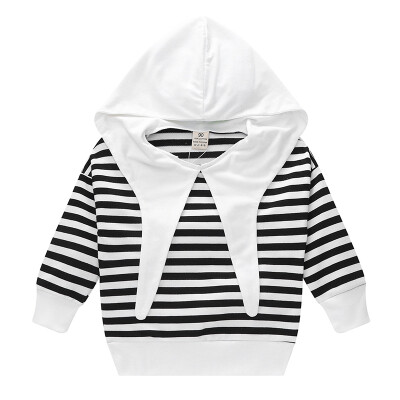 

Fashjion Striped Hooded Sweatshirt Stitching Bat Collar Personality Girl Sweater Childrens Shirt T-Shirt