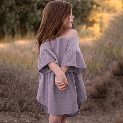 

Toddler Baby Girls Off Shoulder Flare Sleeve Ruffles Solid Print Dress Clothes