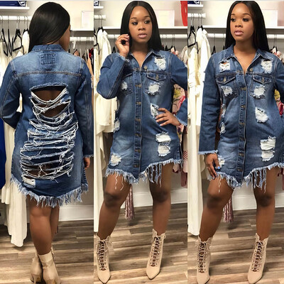

Toponeto Women Ripped Long Denim Coat Ladies Casual Tearing Style Button Jacket Overcoat