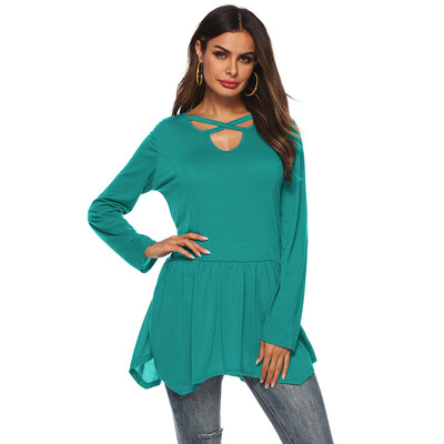 

Nomeni Women Casual Long Sleeve Solid Bandage Sleeve V Neck T Shirt Top Blouse