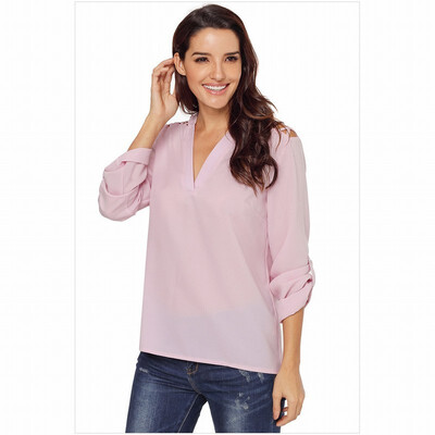 

Solid color V-neck long-sleeved shoulder cross casual blouse T-shirt top