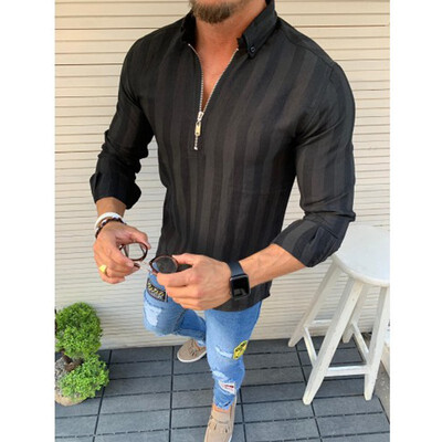

Men Striped Long Sleeve Zipper Shirts Male Casual Business Fit Blouse Slim Top