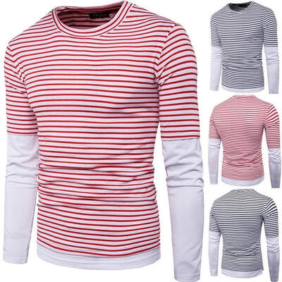 

Men&39s Stripe Round Neck Long Sleeve Top Slim Fit Tee Bottoming T-Shirt Rapture
